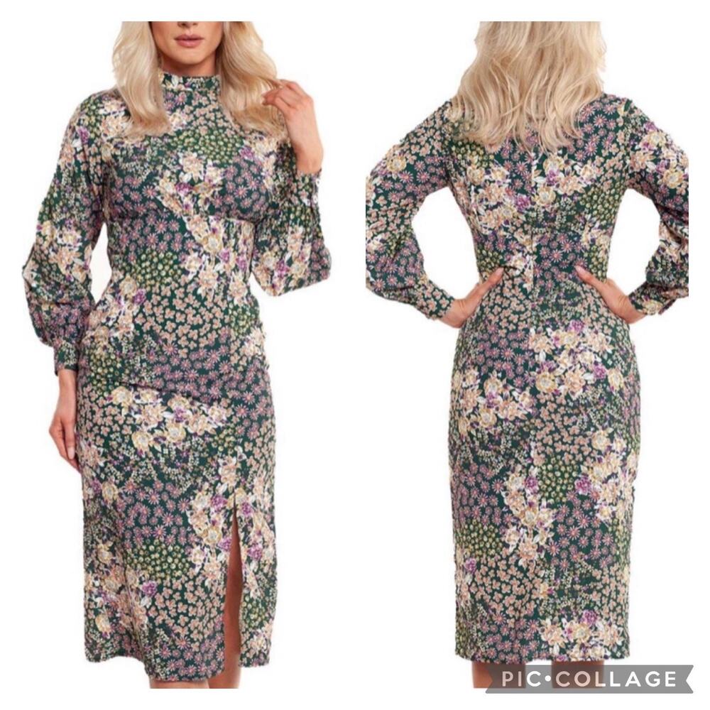 Never Fully Dressed Green Floral High Neck Dress Front Slit NEW Size 6